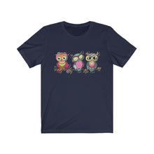 Load image into Gallery viewer, Unisex Jersey Short Sleeve Tee - the owl - see no evil, hear no evil, speak no evil
