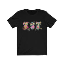 Load image into Gallery viewer, Unisex Jersey Short Sleeve Tee - the owl - see no evil, hear no evil, speak no evil