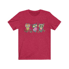 Load image into Gallery viewer, Unisex Jersey Short Sleeve Tee - the owl - see no evil, hear no evil, speak no evil